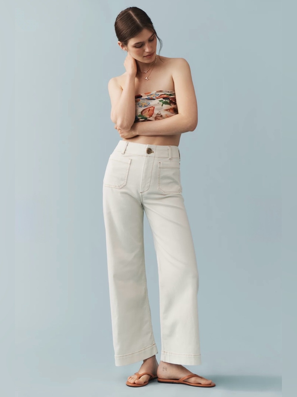 Maeve Anthropologie The Colette Full Length Wide Leg Jeans Cream 25